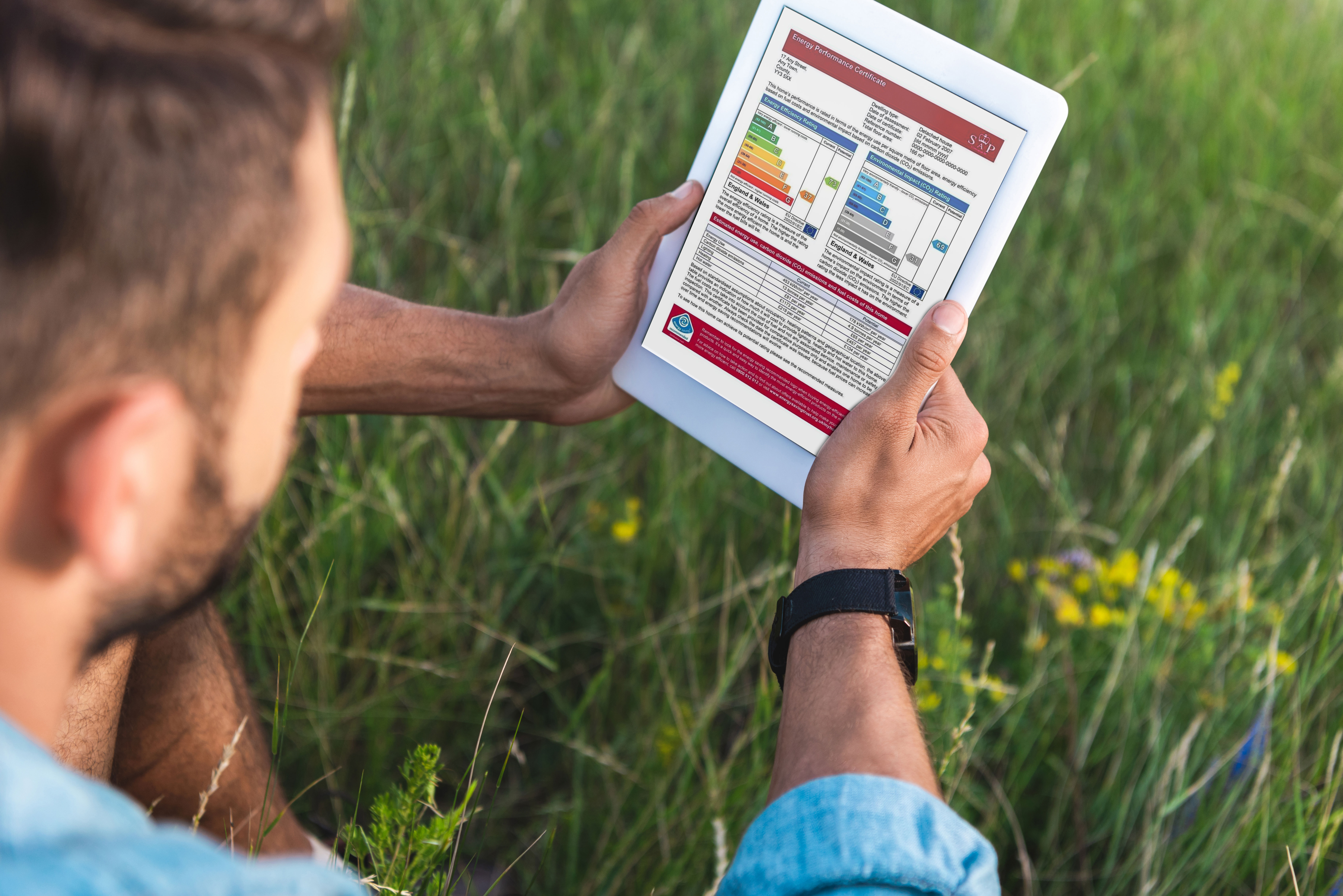 A man sits on the grass and ooks at energy graphs on a tablet