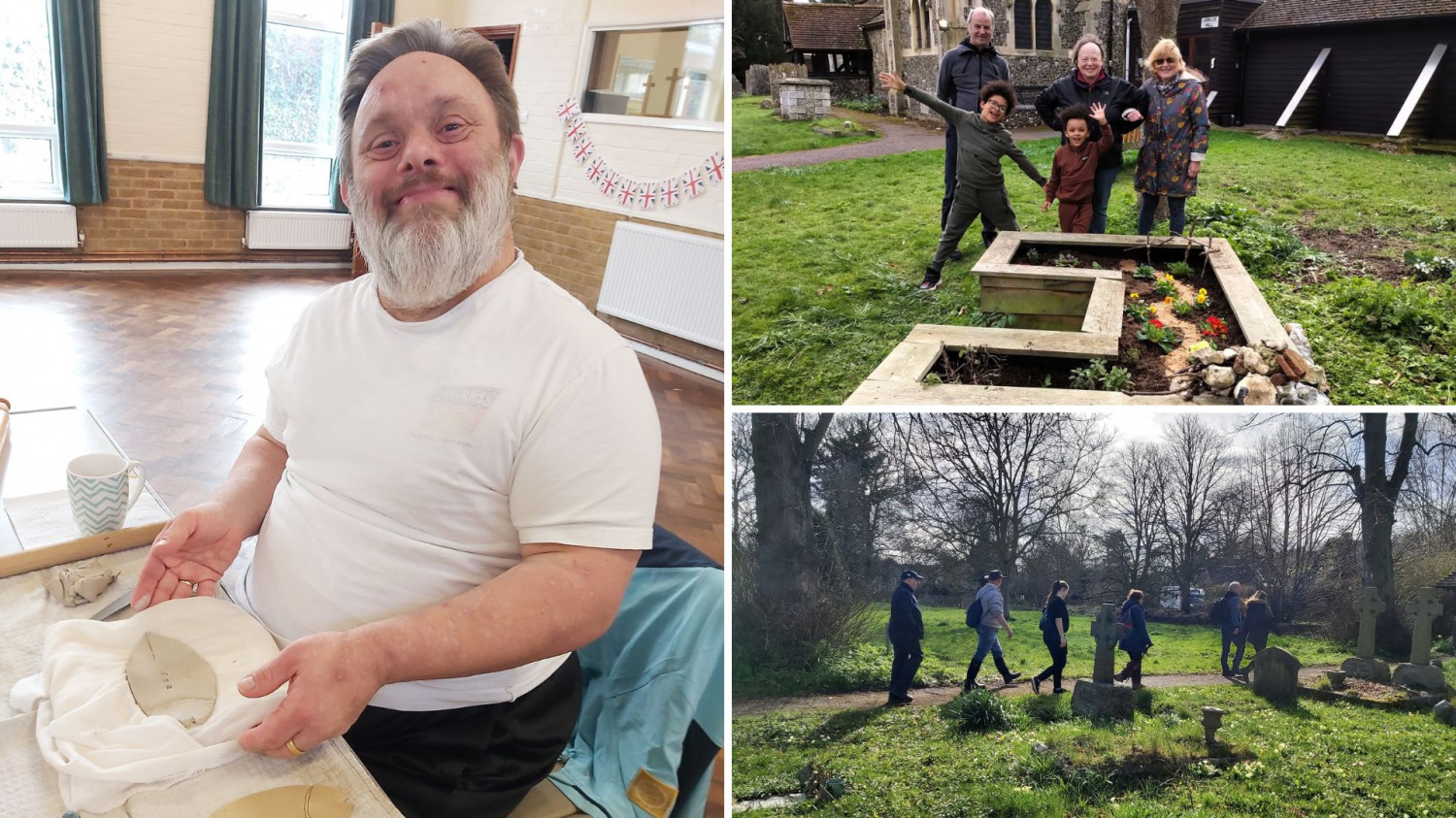 A montage of photos showing people using clay, building an Easter garden, and going on a walk as part of the Earth Day activities
